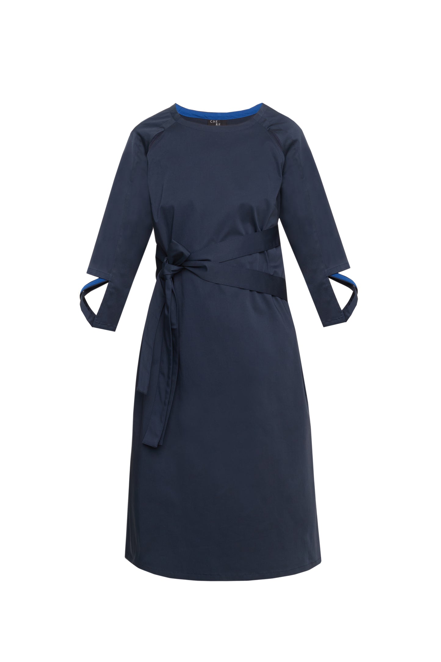 Dark blue dress with printed belt