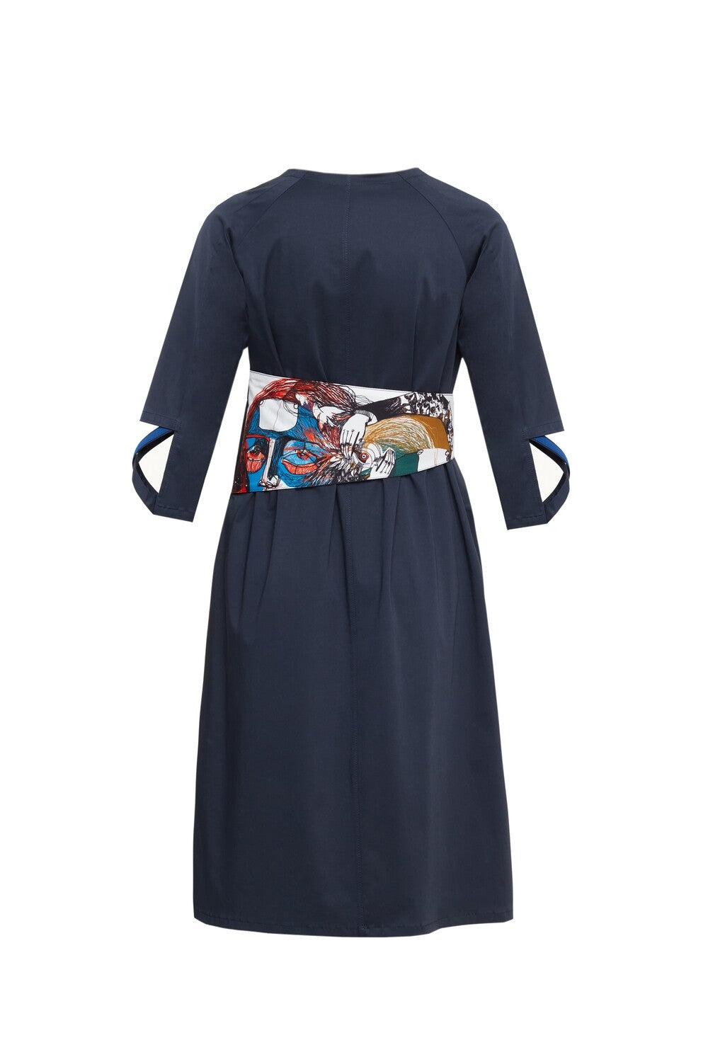 Dark blue dress with printed belt